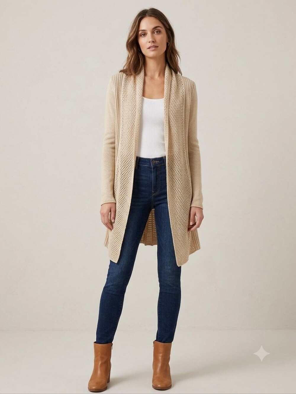Body Central Tan Open Front Pointelle Knit Cardigan - Small